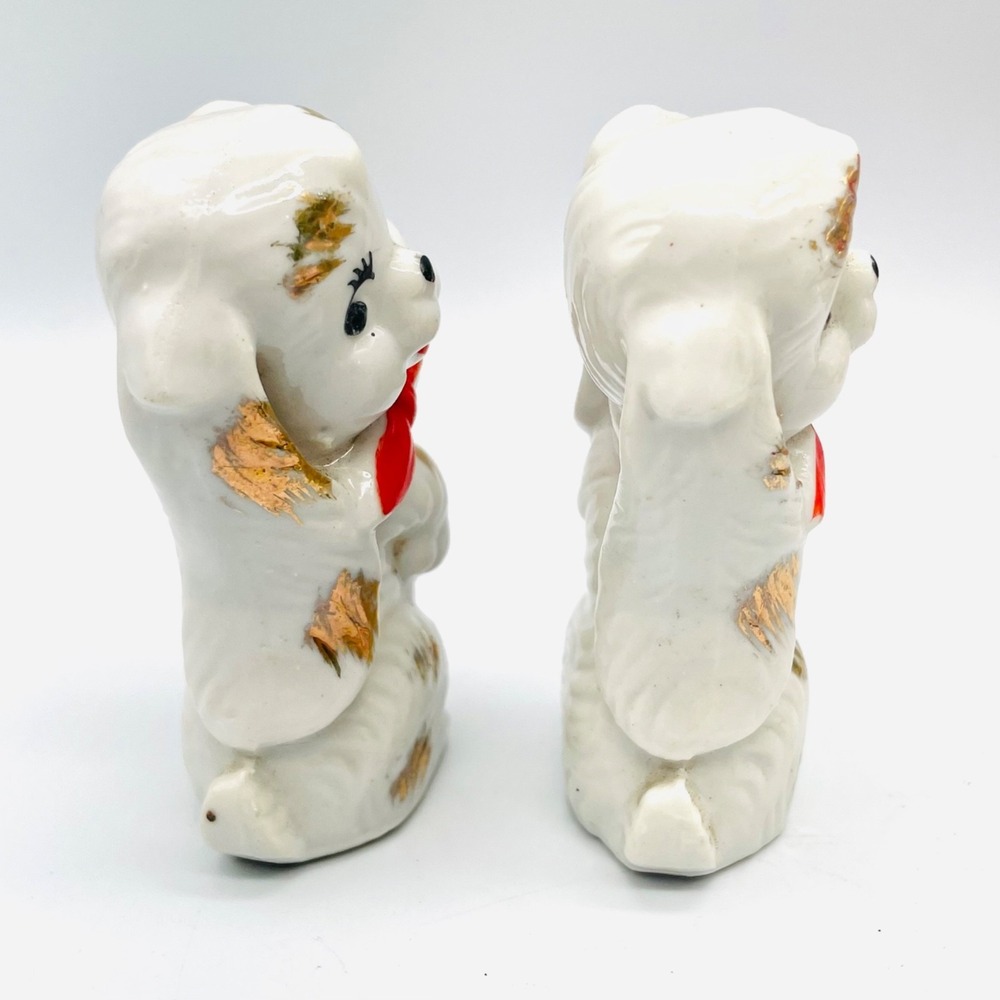 Vintage Japan Puppy Dog Figurine Set Gold Gilt Red Bow Tie 3.5" Anthropomorphic - Picture 4 of 5